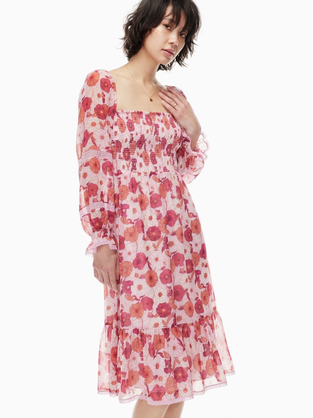 Wilfred Pink Floral Smocked Midi Dress